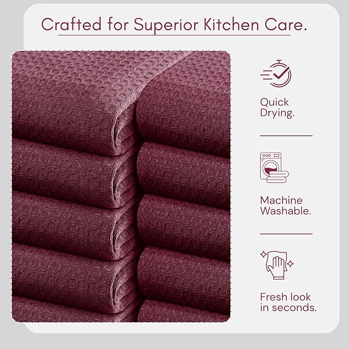TWINY threads Kitchen Towels Set of 6, 100% Cotton Waffle Weave Easter Dish Towels, Soft Tea Towels with Hanging Loop, Washable Bar Towels for Table Cleaning, Dinning, Parties- 16"X 26"-Burgundy Wine