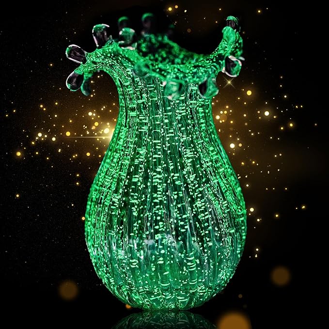 QFkris Hand Blown Glass Luminous Vase for Flowers 8" Teal Crystal Bubble Vases for Bouquet Home Decor Decorative Centerpieces Unique Gift for Christmas Valentines Day Birthday Housewarming Mothers Day