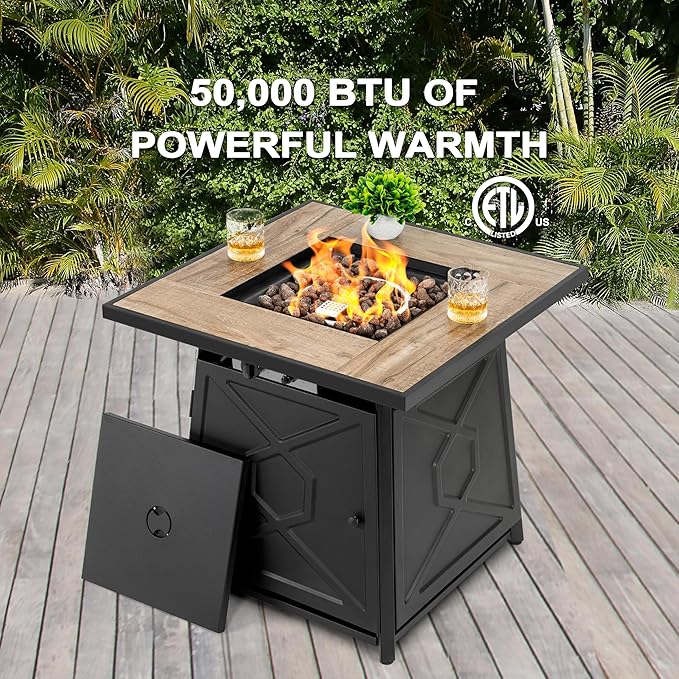 Nuu Garden 28 Inch Outdoor Propane Fire Pit Table, 50,000 BTU Square Gas Fire Table with Ceramic Tabletop, Lid, Cover, Lava Rock for Garden Backyard Party, Black