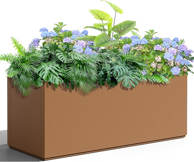Metal Planter Box Rectangular Planter Box with Drainage Hole, Outdoor Large Planters, All-Weather Use, Rust-Resistance, for Flowers Plants, 38" L × 15" W × 16.3" H, Brown