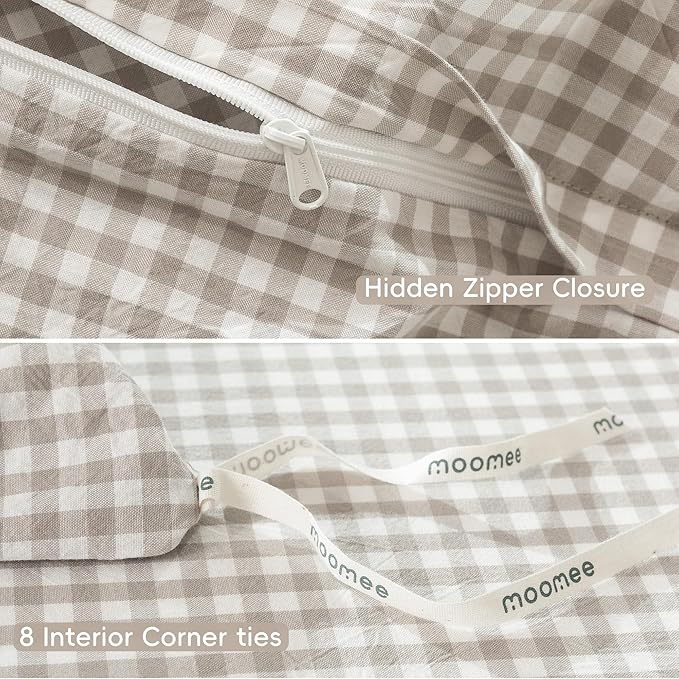 MooMee Gingham Duvet Cover Set 100% Washed Cotton Linen Like Textured Breathable Durable Soft Comfy Modern Checkered Design (Mini Gingham Tannish Linen Grey, Queen 90"x90")