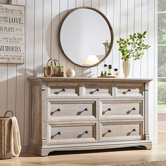T4TREAM Farmhouse 7 Drawers Dresser for Bedroom, 54" Wide Wood Rustic Chest of Drawers w/Roman Column, Wooden Storage Dressers Organizer for Bedroom, Living Room, Light Rustic Oak