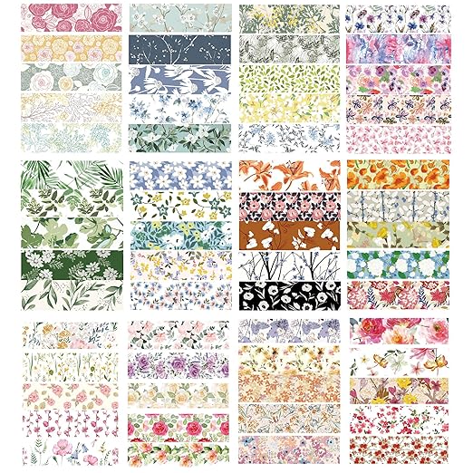 YUBX Flowers Washi Tape Set 60 Rolls Floral Patterns Decorative Skinny Blooms Masking Tapes for Arts, DIY Crafts, Journals, Planners, Scrapbook, Wrapping (Spring)