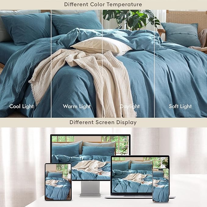 MooMee Bedding Duvet Cover Set 100% Washed Cotton Linen Like Textured Breathable Durable Soft Comfy (Heathered Peacock Blue, Queen 90"x90")