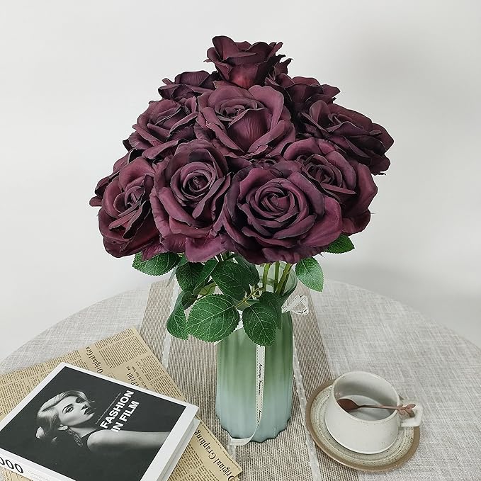 ATFL Burgundy Roses,12 Pcs Burgundy Artificial Flowers,Flower Diameter 4'',Autumn Silk Floral Fake Roses with Stems for Wedding Arrangement Centerpieces Party Home Table Decorations