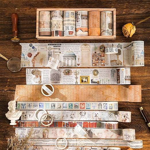 18 Rolls Vintage Washi Tape Set, Castle Stamp Music Retro Masking Tape 5/10/15/20/25/30/50/75mm Wide 6.56ft Long Decorative Scrapbook Tape for journaling, Scrapbooking Supplies, Junk Journal Craft