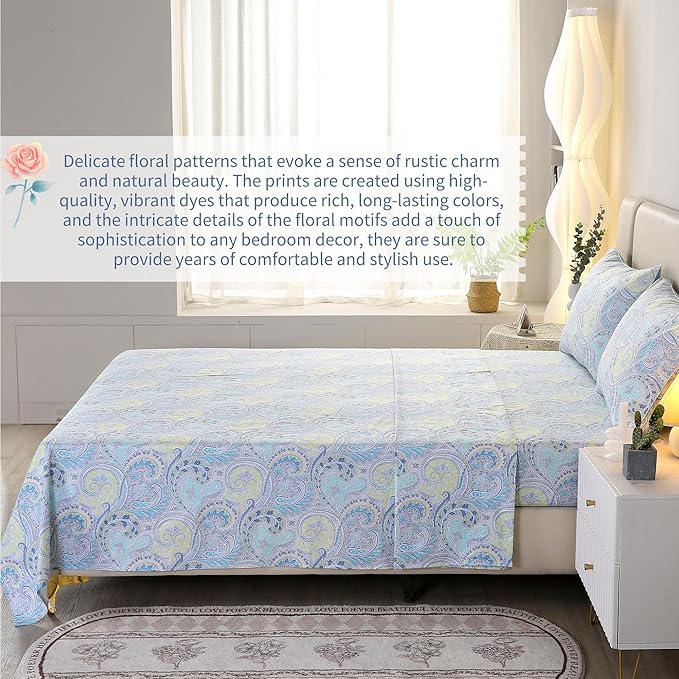 RYNGHIPY Cotton Sheets Floral Print Queen Size Sheet Sets Flower Botanical Pattern Egyptian Cotton Bed Sheets Soft and Breathable Deep Pockets (Blue,Queen Size)