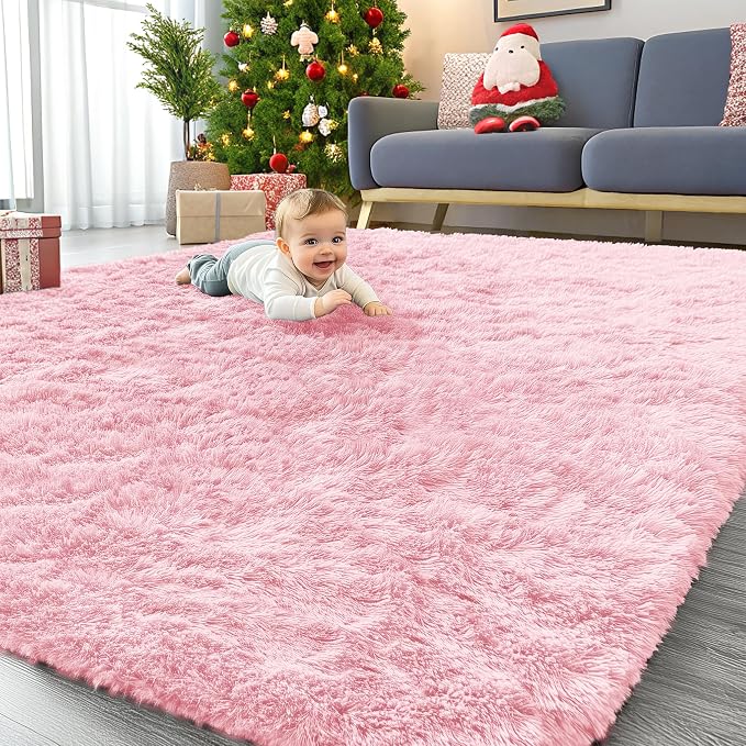 OLANLY 8x10 Machine Washable Large Area Rugs for Living Room, Bedroom, Soft Fluffy Shaggy Bedside Rug, Indoor Floor Carpet for Kids Girls and Boys, Dorms, Nursery, Home Decor Aesthetic, Pink