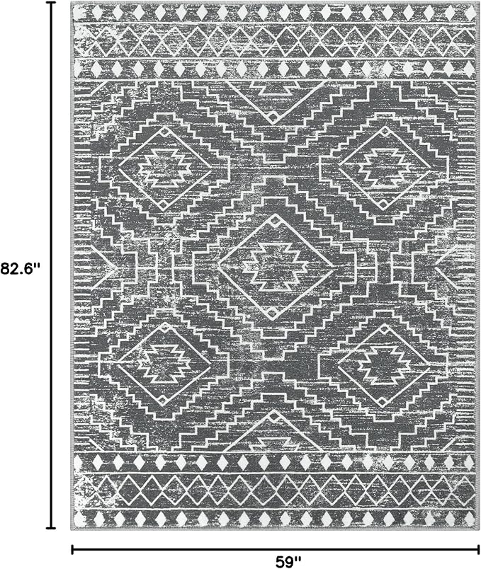 Wonnitar Moroccan 5x7 Washable Rug, Large Grey Area Rug for Living Room, Non-Slip Boho Bedroom Carpet Thin Soft Non-Shedding Farmhouse Rug for Dining Room Table Kitchen Home Office (Dark Grey,5'x7')