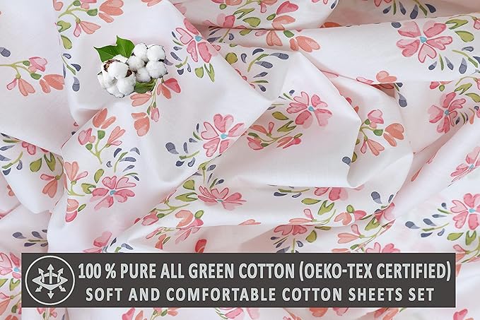 RUVANTI 100% Cotton King Size Sheets Set, 4 Pieces, Soft & Breathable Percale Weave Bedding, Deep Pocket 16", Hotel Standard, Crisp Cool Feel, Durable, Perfect Floral Bed Sheet, Bloomex