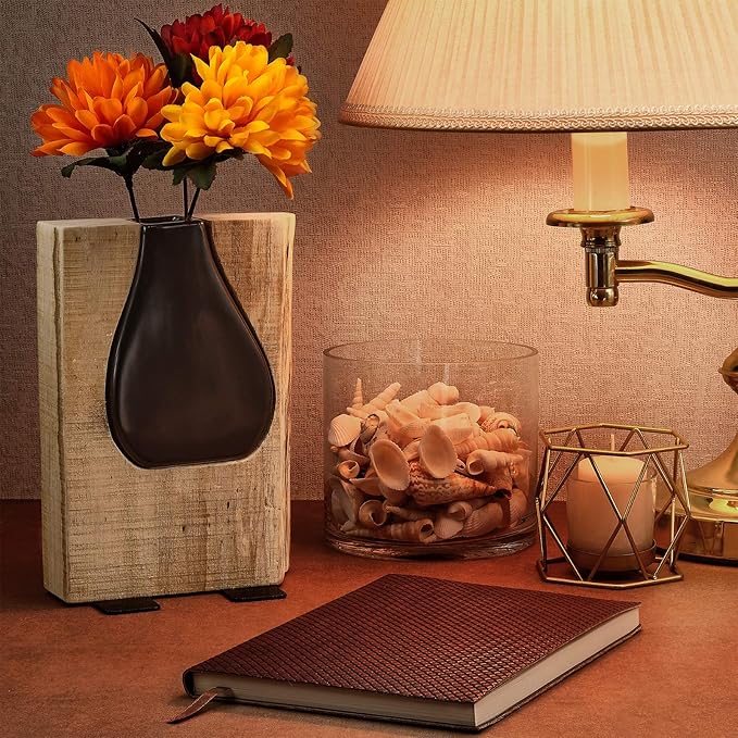 Excello Global Products Matte Black Glass and Wood Vase - Rustic Flower Vase Decorative Centerpieces for Dining Room Table Coffee Tables Vintage Farmhouse Decor (Short - 8" x 6")