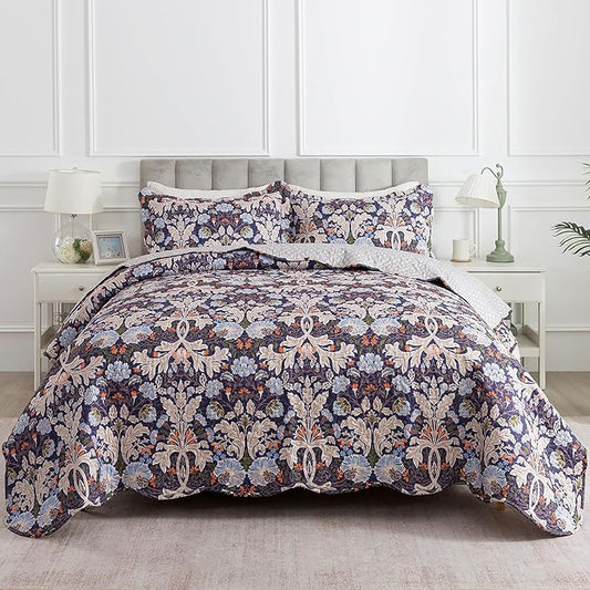 HoneiLife Quilt Set King Size - Microfiber Bedspread 3-Piece,Reversible Coverlet Lightweight Bedcover King Quilt Bedding Sets-Navy