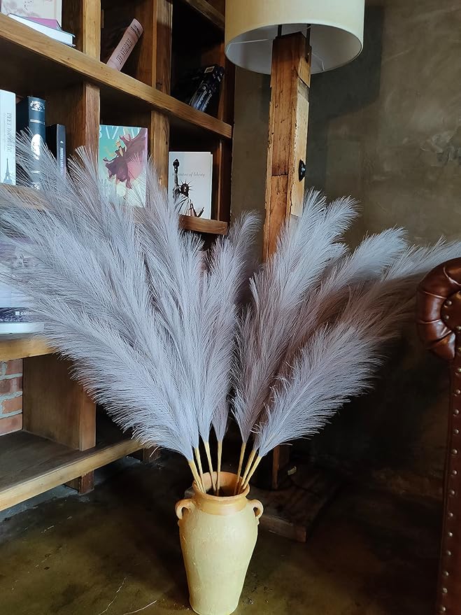 Premium Faux Pampas Grass Decor Tall & Fluffy, No Assembly Needed Long Pampas, Luxury Large Floral, Elegant Feather Flowers for Wedding Decorations(Faux Grey, 8pcs 43.3"(110cm))