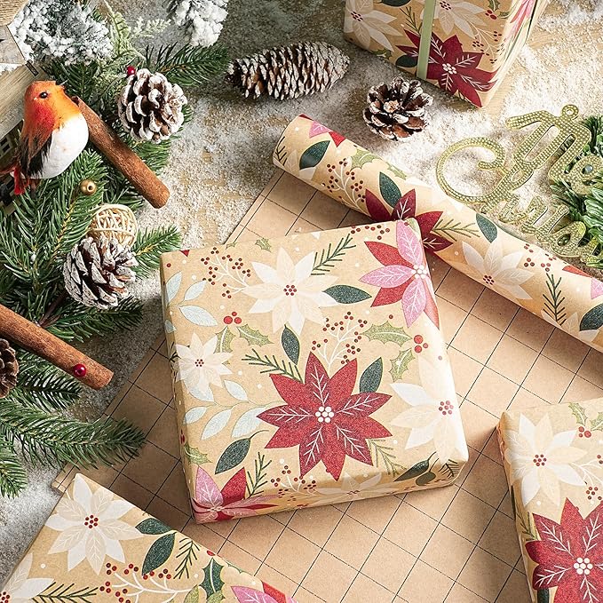 RUSPEPA Kraft Christmas Poinsettia Wrapping Paper Roll, Mini Roll, Red & Pink Floral with Greenery Design, Kraft Holiday Gift Wrap for Women, Family, Rustic Xmas Gifts, 17 Inches x 16.4 Feet