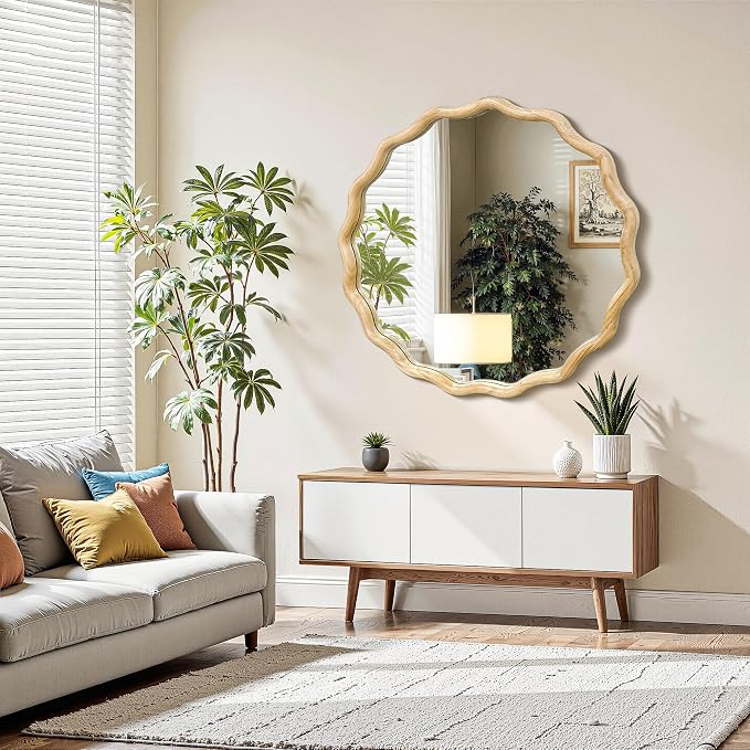 Circle Wood Mirrors for Wall, Wavy Round Bathroom Scalloped Mirror Wooden Frame 30 Inch for Living Room Farmhouse Bedroom Hallway Entryway Living Room with Shatterproof Glass Wall Mounted
