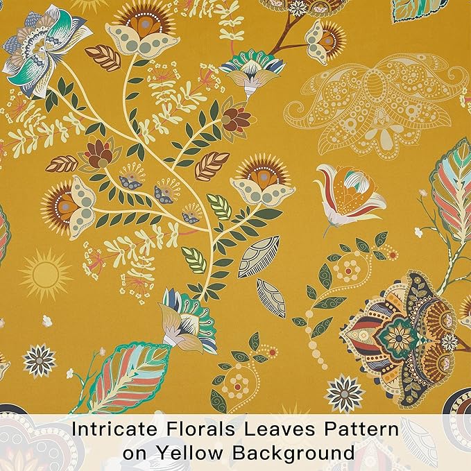 Mustard Yellow Vintage Floral Blackout Curtains & Drapes 90 Inches Long for Living Room Bedroom 2 Panels Boho Colorful Botanical Flower Leaf Printed Curtains Luxury Room Darkening Grommet Top 52x90