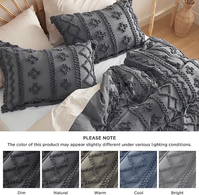 Bedsure Boho Duvet Cover Queen Size, Soft & Comfortable Elegant Design Boho Bedding for Decoration, Machine Washable Comforter Cover for All Seasons,Includes 1 Duvet Cover & 2 Pillow Shams,Dark Grey