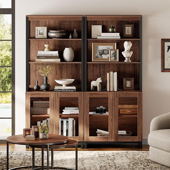 WAMPAT 2 PCS Modern 72" Tall Bookcases with Glass Doors and Adjustable Shelves, Library Book Shelf with Storage Cabinet and Open Book Shelfs, Wood Bookshelves for Home Office, Living Room, Brown