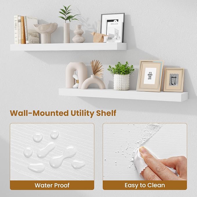 Fun Memories Floating Shelves for Room Wall, 36 Inch Long Shelf Set of 2， Hanging Wood Shelves for Storage & Display, White