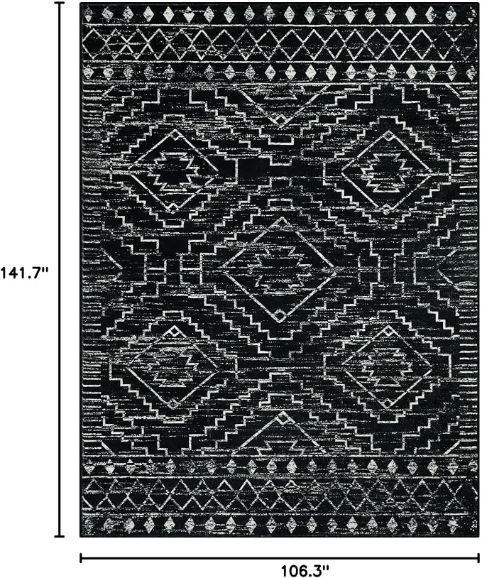 Wonnitar Moroccan 9x12 Area Rug for Living Room, Washable Black Rugs for Bedroom, Large Non-Slip Thin Dining Room Rugs for Under Table, Non-Shedding Soft Boho Floor Carpet Decor (Black,9'x12')