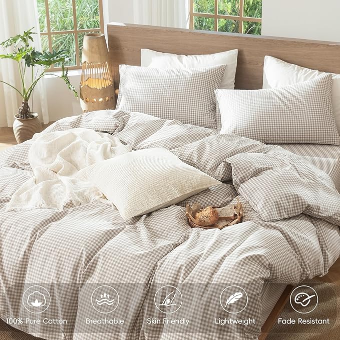 MooMee Gingham Duvet Cover Set 100% Washed Cotton Linen Like Textured Breathable Durable Soft Comfy Modern Checkered Design (Mini Gingham Tannish Linen Grey, Palatial King/Oversized King 120"x98")