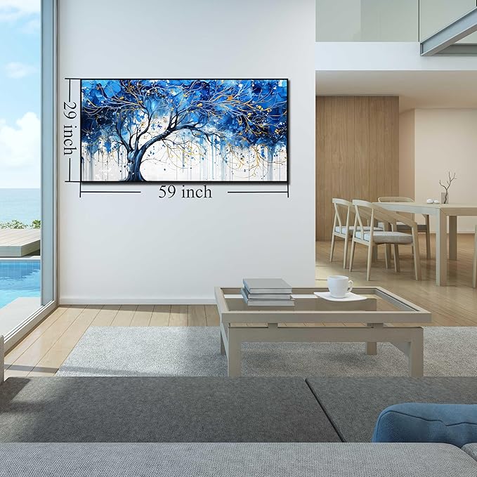 Tree Theme Pictures for Wall Decor - Blue Living Room Wall Art - Large Black Framed Wall Art Size 29" x 59"