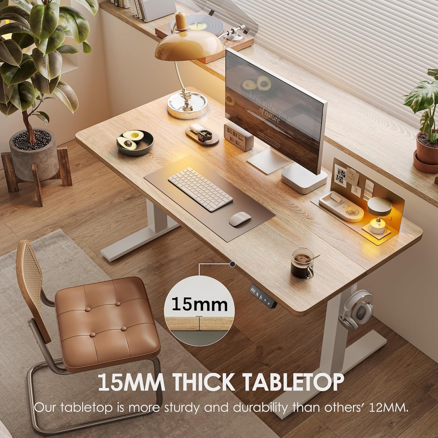 TIQLAB Electric Standing Desk - Height Adjustable Sit-Stand Workstation | 55 x 24 Inch, White Frame/Maple Top