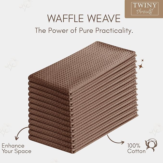 TWINY threads Kitchen Towels Set of 12, 16x26 Inches, 100% Cotton Waffle Weave Dish Towels, Soft and Super Absorbent Hand Towel with Hanging Loop for Kitchen, Daily Use, Brown