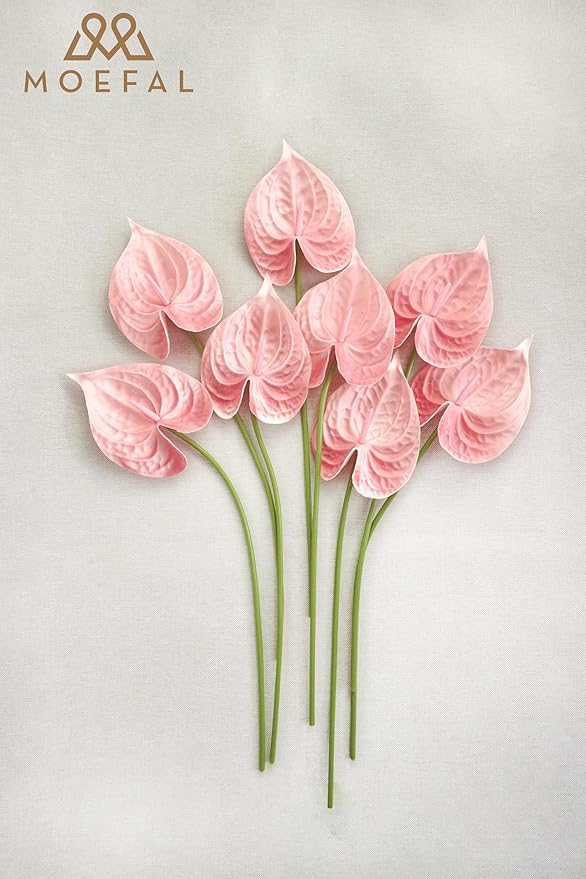 Real Touch Anthurium Artificial Flowers, 8pcs Shabby Blush Faux Pink Flowers with Stems for Tropical Wedding Bouquets, Romantic Centerpieces & Bridal Shower Party Decoration