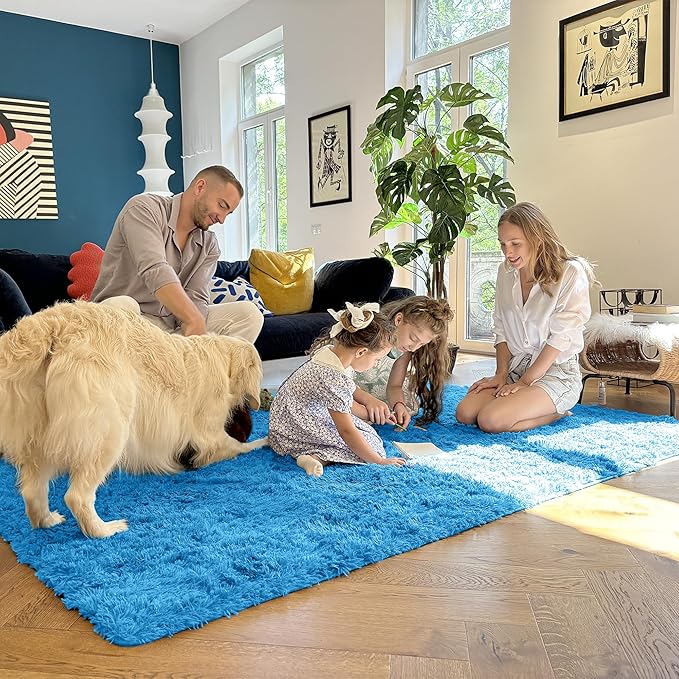 OLANLY Area Rugs for Living Room Bedroom, Machine Washable 4x5.9 ft Soft Fluffy Shaggy Bedside Rug, Indoor Floor Carpet for Kids Girls and Boys, Dorms, Nursery Rooms, Home Decor Aesthetic, Bright Blue
