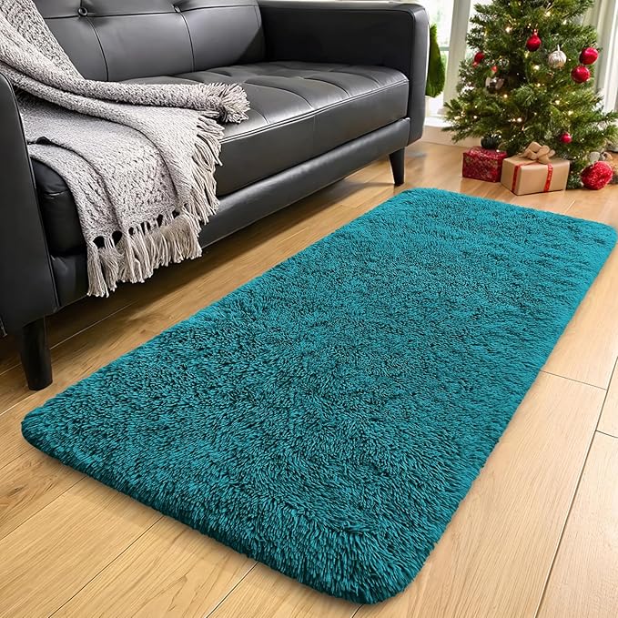 OLANLY 2x5 Machine Washable Runner Rugs for Hallway, Soft Fluffy Shaggy Bedside Rugs for Bedroom, Living Room, Indoor Floor Carpet for Kids Girls and Boys, Nursery Rooms, Home Decor Aesthetic, Teal