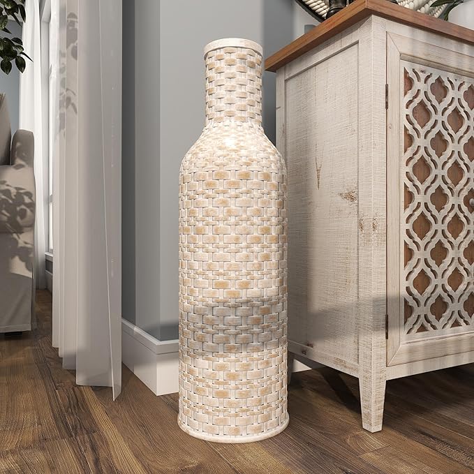 Deco 79 Bamboo Wood Decorative Vase Tall Woven Floor Centerpiece Vase, Vase for Home Decoration 9" x 9" x 30", White