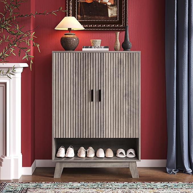 BOXACTION 4-Tier Fluted Shoe Cabinet with 2 Doors & Open Shelf, Mid Century Modern Shoe Storage Organizer with Adjustable Shelves, Metal Handles & Wood Legs, Hidden Shoe Rack for Entryway, Hallway