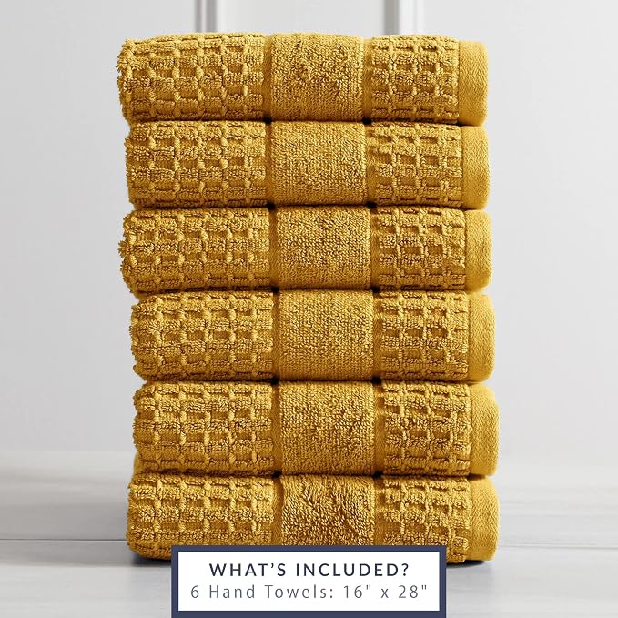 Market & Place 100% Cotton Super Soft Luxury Hand Towel Set | Quick-Dry and Highly Absorbent | Waffle Textured | 550 GSM | Includes 6 Hand Towels | Harper Collection (Mustard Yellow)