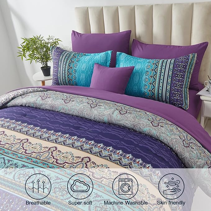 Cottolester Boho Comforter Set Full Size 8 Piece Bed in a Bag Bohemian Striped Bedding Quilt Set Aqua Paisley Floral Comforter and Sheet Set,Soft Microfiber Complete Bedding Sets for All Season