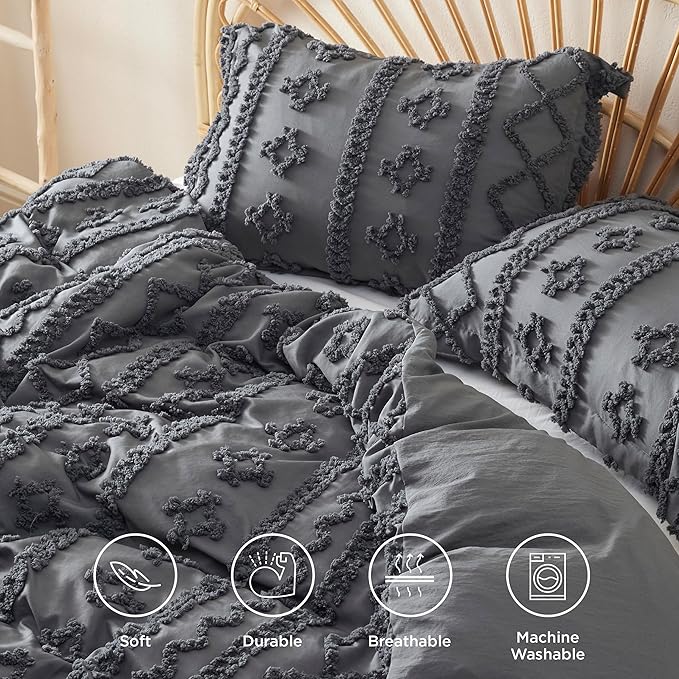 Bedsure Boho Duvet Cover Queen Size, Soft & Comfortable Elegant Design Boho Bedding for Decoration, Machine Washable Comforter Cover for All Seasons,Includes 1 Duvet Cover & 2 Pillow Shams,Dark Grey