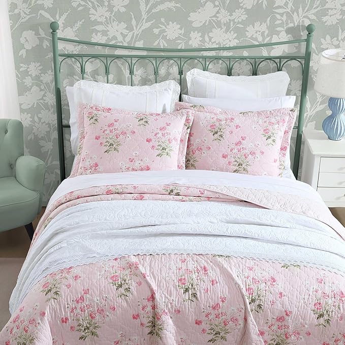 Laura Ashley - Queen Quilt Set, Reversible Premium Bedding with Matching Shams, Coquette Room Decor (Veronicas Bouquet Pink, Queen)