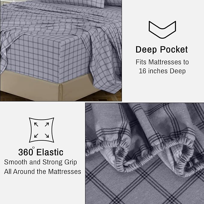 RUVANTI Flannel Sheets King Size - 100% Cotton Brushed King Size Sheets Set - Deep Pockets 16 Inches Bed Sheets - All Seasons Breathable & Extra Soft - Warm & Cozy, 4 Piece, Open Grid Check