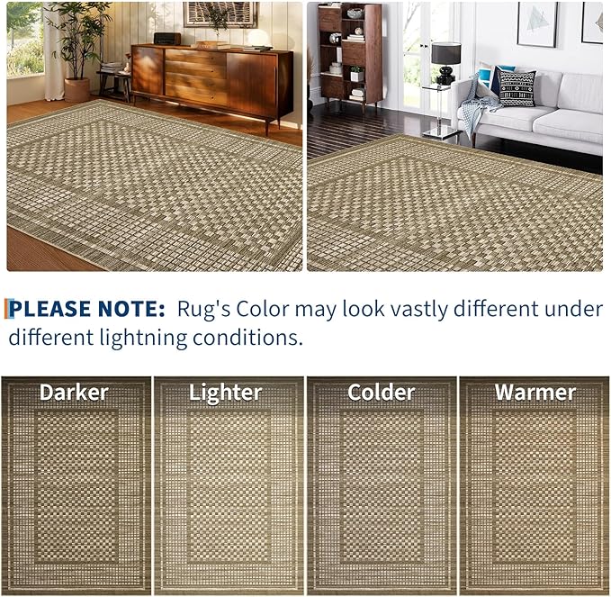 Washable Rugs 9 x 12 Rug for Living Room Modern Bedroom Rug Contemporary Large Area Rug Non Slip Throw Rugs Checkered Farmhosue Stain Resistant Carpet for Office Dining Room 9'x12' Brown