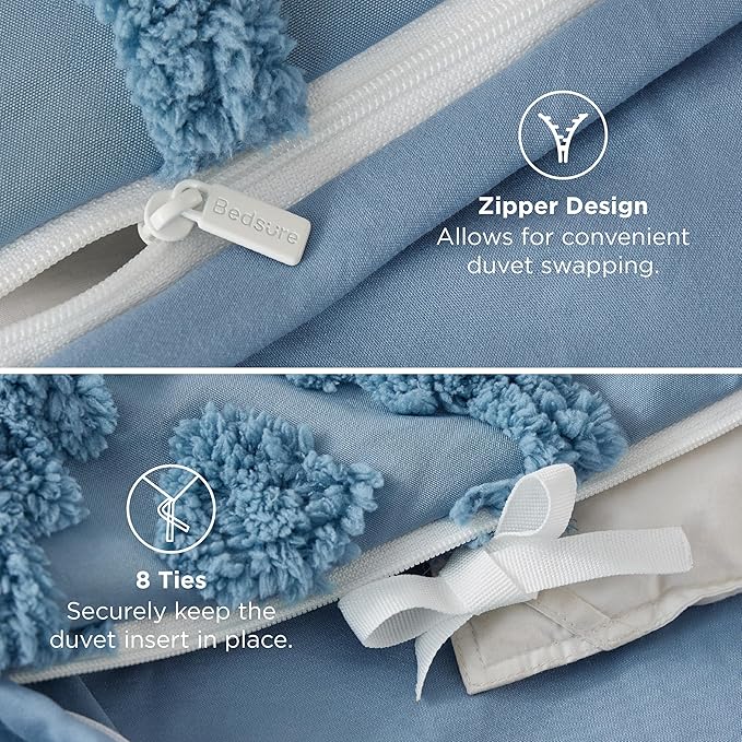Bedsure Boho Duvet Cover Queen Size - Dusty Blue Tufted Boho Bedding, Farmhouse Shabby Chic Embroidery Bedding for All Seasons, 3 Pieces, 1 Soft Jacquard Queen Comforter Cover and 2 Pillow Shams