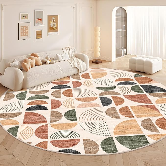 MUJOO Round Rugs 9ft,Circle Area Rug Washable,Circular Rugs for Living Room Dining Room,Large Boho Non Slip Throw Floor Carpet Modern Abstract Bohemian Terracotta