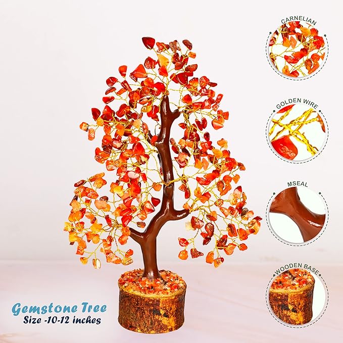 YATHABI Carnelian - Chakra Tree - Gemstones - Crystal Bonsai Tree - Feng Shui - Red Crystal Stone - Crystal Tree of Life Decor - Spiritual Gifts - Spiritual Desk Decor - Rock Tree - Chakra Stone