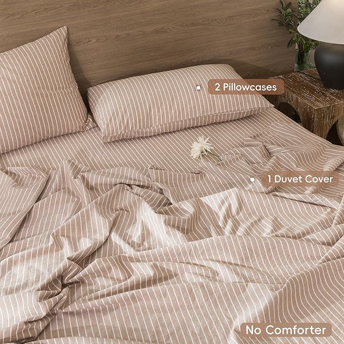 MooMee Striped Duvet Cover Set 100% Washed Cotton Linen Like Textured Breathable Durable Soft Comfy (Orange White Wide Stripes, Full 80"x90")