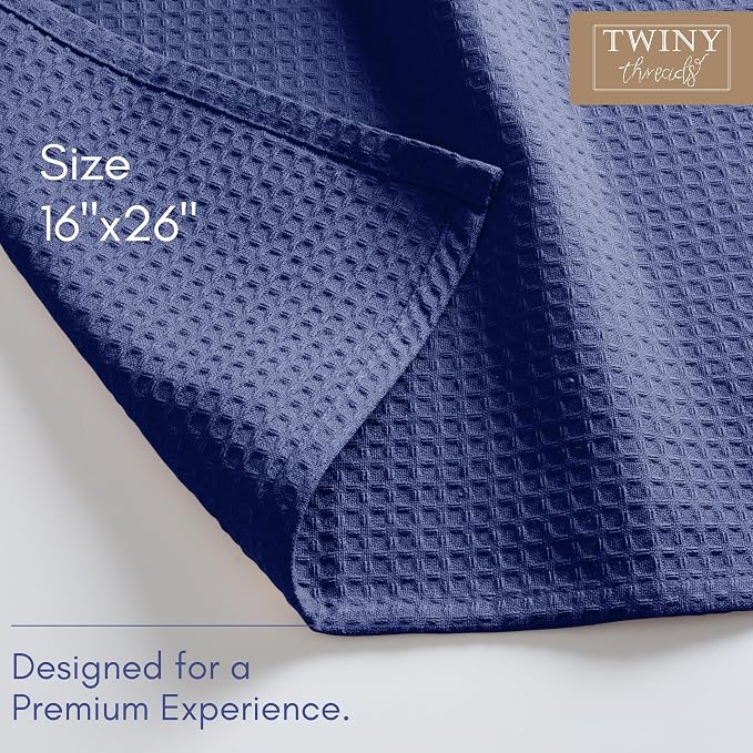 TWINY threads Kitchen Dish Towels Set of 12, 100% Cotton Waffle Weave, Absorbent Dishcloth & Tea Towel with Hanging Loop, Reusable for Table Cleaning, Quick Drying - 16x26 Inches - Indigo Blue