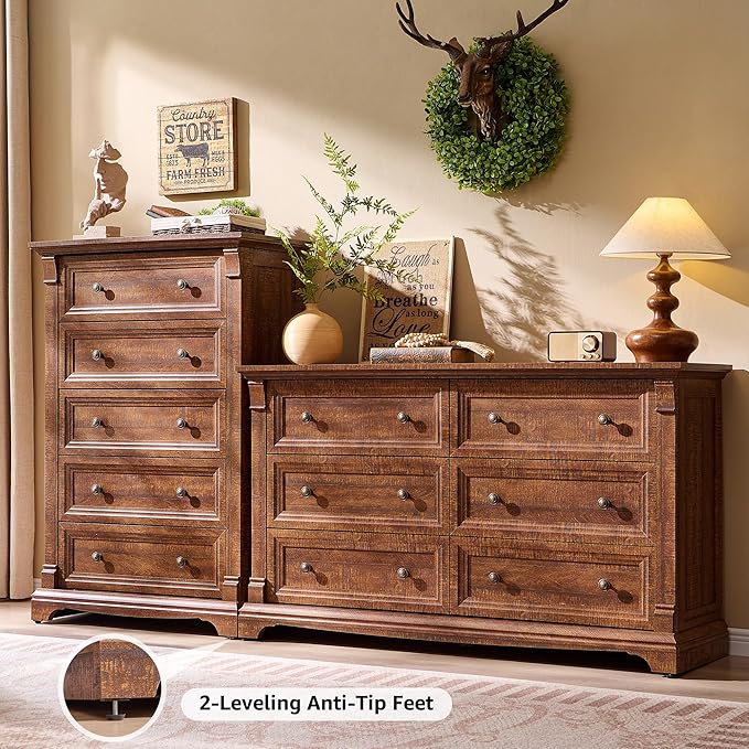 T4TREAM Farmhouse 5 Drawer Dresser for Bedroom, 47" Tall Wood Dresser with Ample Storage Space and Rustic Charm, Reclaimed Barnwood