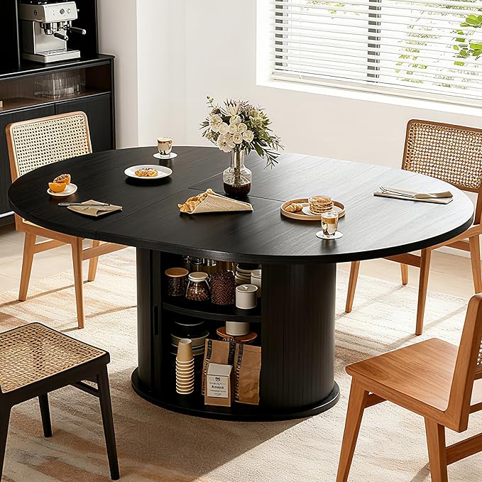 Wildhome Extendable Round Dining Table for 2-4-6, 63 Inch Dining Room Kitchen Table with 2-Tier Storage Shelf, Modern Farmhouse Fluted Wood Slide Door Dinner Furniture,Oval Circle,Black-63 Inch