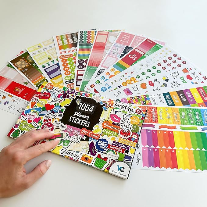 Vladi Creative Planner Stickers - 1054 Pieces, 15 Sheets, Decorative & Productivity-Boosting Colorful Stickers for Journals, Calendars, Scrapbooking, Time Management, & DIY Planner Decoration