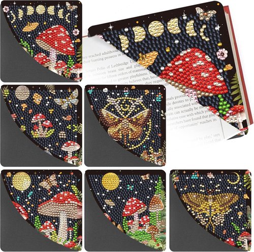 Sitsink Mystic Mushroom Bookmarks - 6 Pcs Diamond Art Kit with Boho Moth & Moon Phase Design