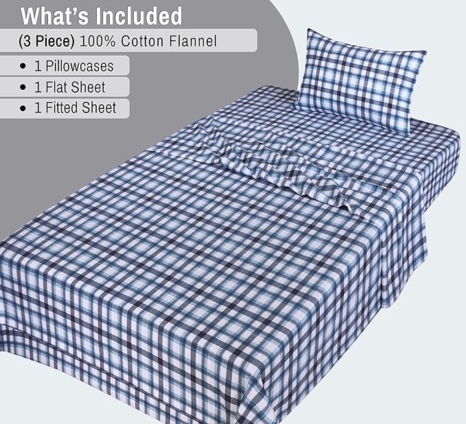 RUVANTI Flannel Sheets Twin XL Size - 100% Cotton Double Brushed Twin XL Sheet Sets, Deep Pockets 16 Inches, All Seasons Breathable & Extra Soft Bed Sheets, Warm & Cozy, 3 Piece, Gingham Addition