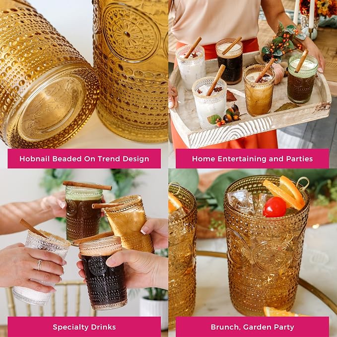 Hobnail Beaded Floral Amber Drinking Glasses Set of 6, (13 oz) Vintage Glassware Set by Kate Aspen| Cocktail Glass Set, Juice Glass, Water Cups | Great Hostess Gift & Gift for New Home Owners